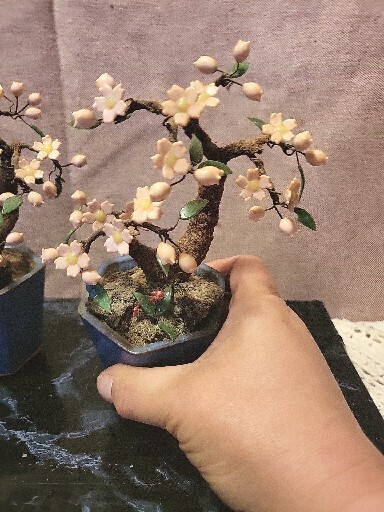 Glass Tree Pair VTG Jade Cherry Blossom Flower Bonsai Celadon Pot Japan Chinese