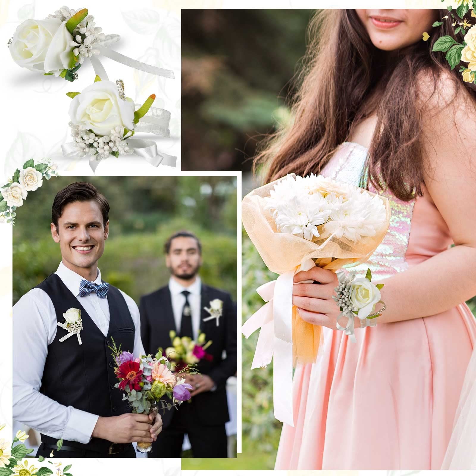 12 PCS Wedding White Corsage Boutonniere Set Bride Groomsmen Rose Prom