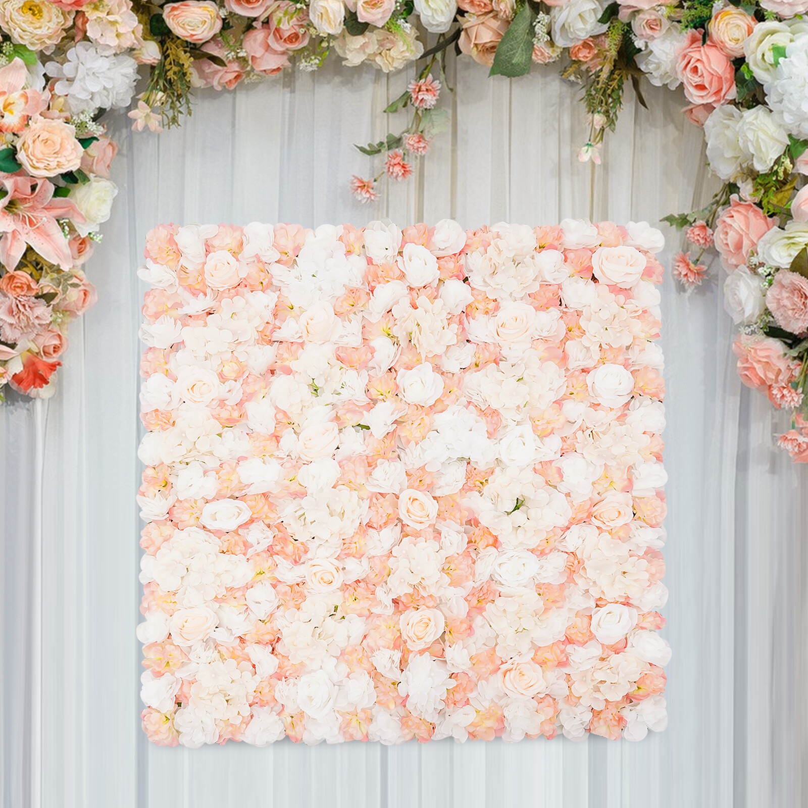 1*1m Artificial Floral Wall Champagne White Fake Floral Wall Panel W/ Pull Strap