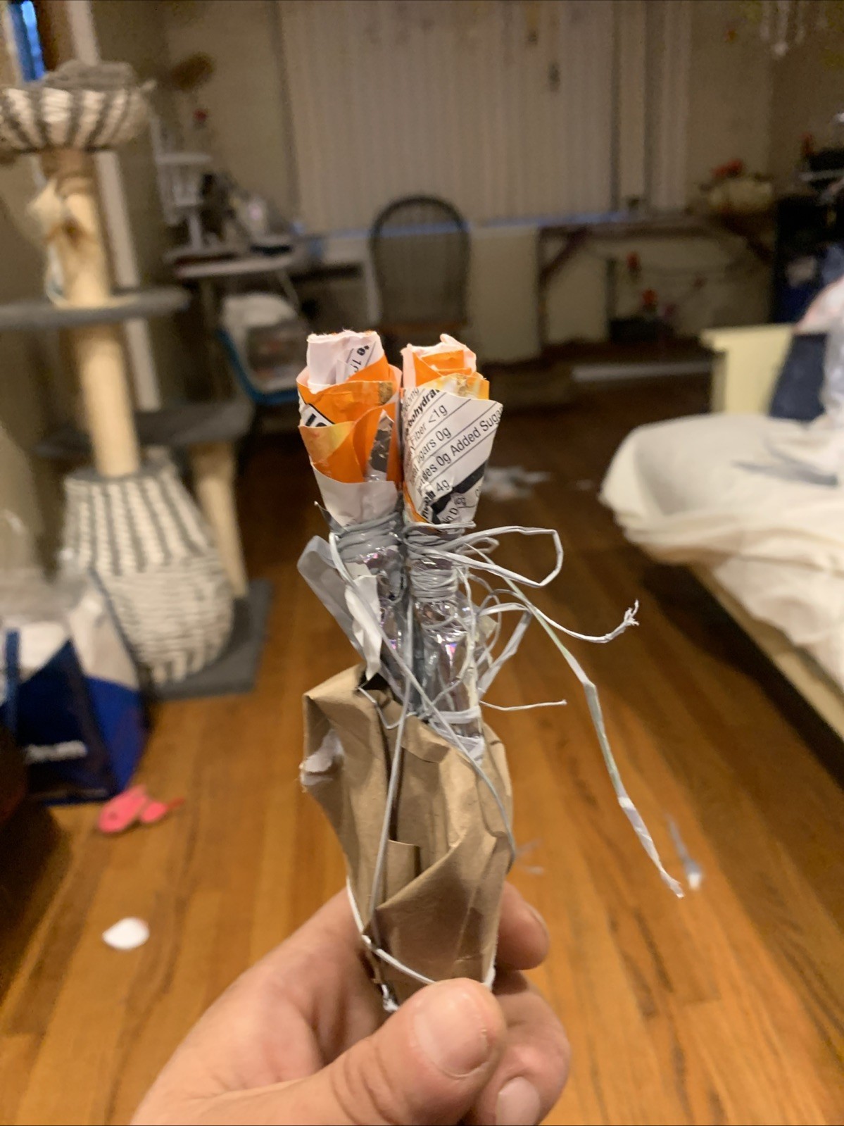Three Rose Stems w/orange Rose Buds Made From •Gold Fish Snack Cover Wrap W Love