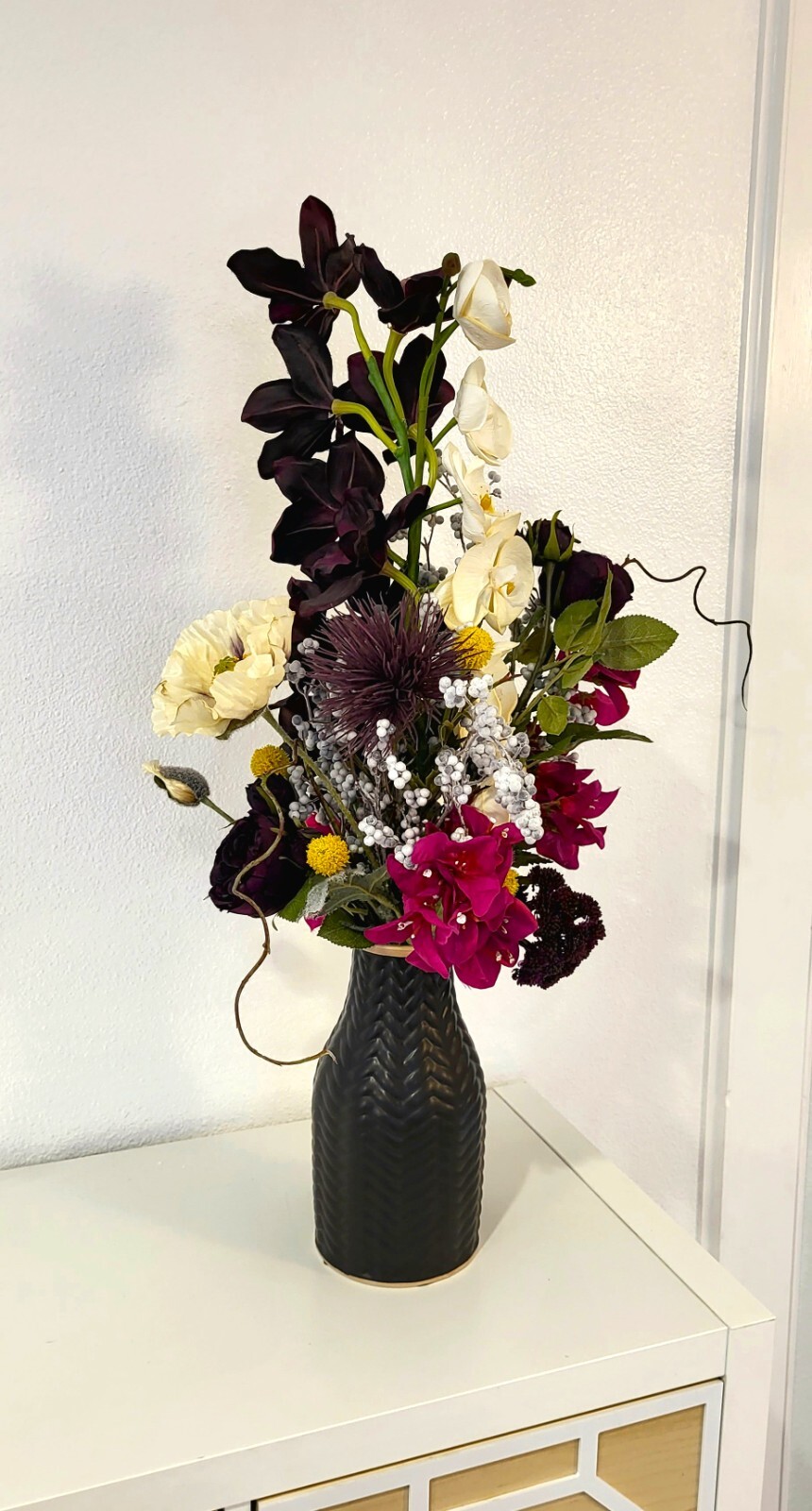 “Moody Darks” Faux Floral Arrangement with White and Dark Purple Orchids