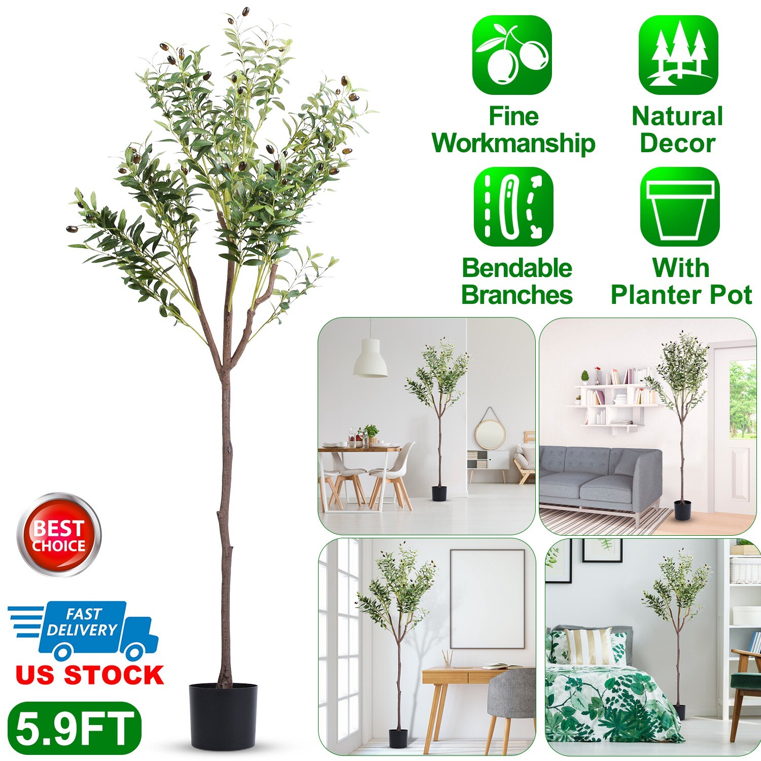 Artificial Olive Tree 5.9FT w/ Olive Leaves & Fruits & Faux Potted Plant Modern