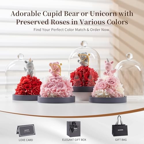 Preserved Rose with Unicorn in Glass Dome, Eternal Real Rose Red Lucky Unicorn