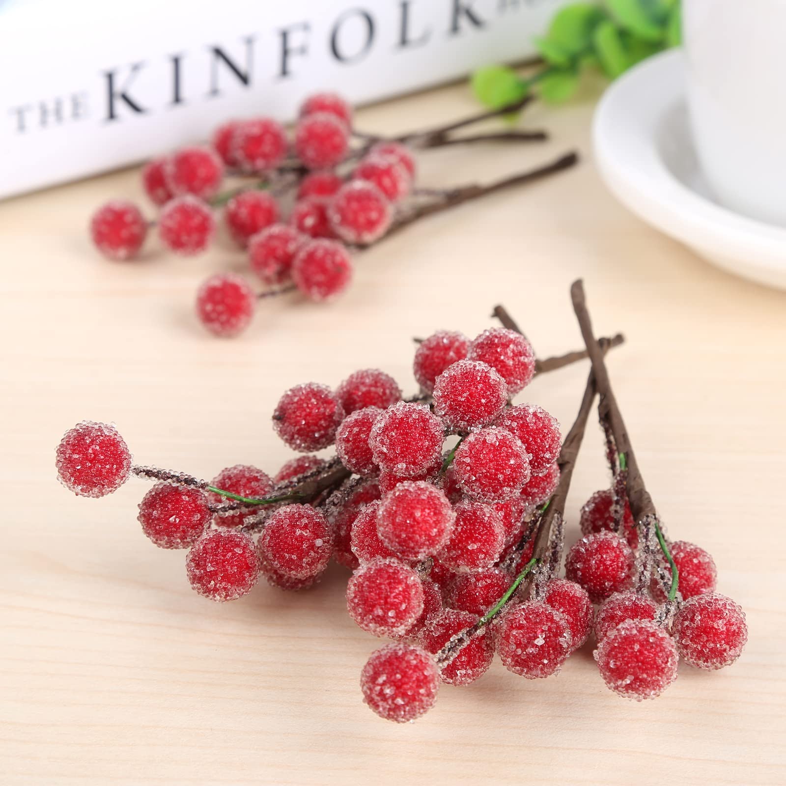 10 PCS Red Christmas Artificial Frosted Holly Berries Branch Floral Decor
