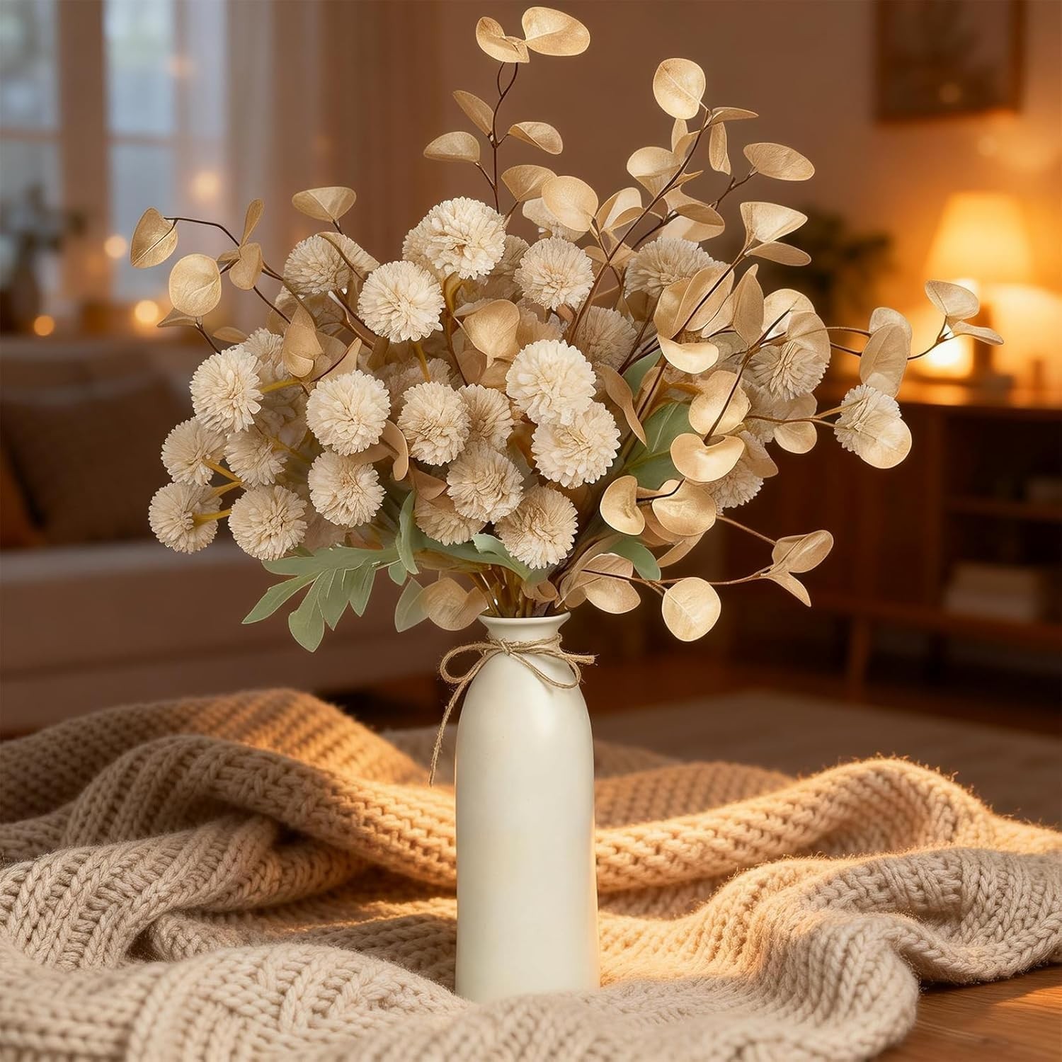 12 Pcs Beige Fake Flowers for Vase, 50 Heads Faux Silk Mums with Eucalyptus, …