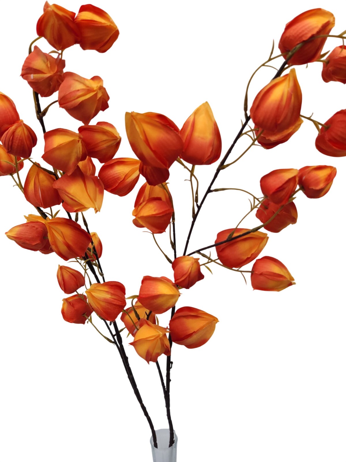 Artificial Orange Chinese Lantern Flower Stems Set of 2 Tall Faux Autumn Branche