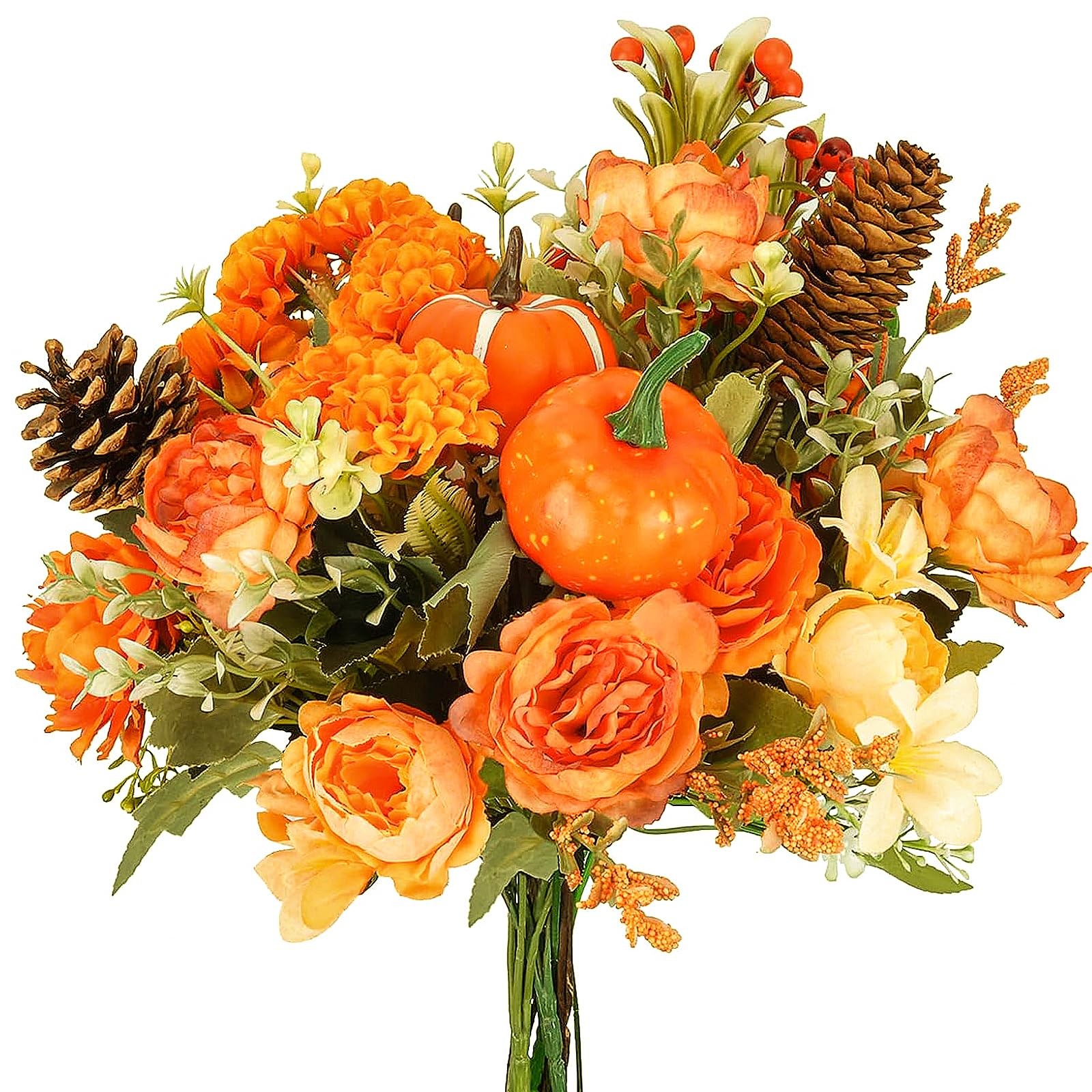 Artificial Fall Flowers Orange Roses Pumpkin Bouquet 10 PCS Set