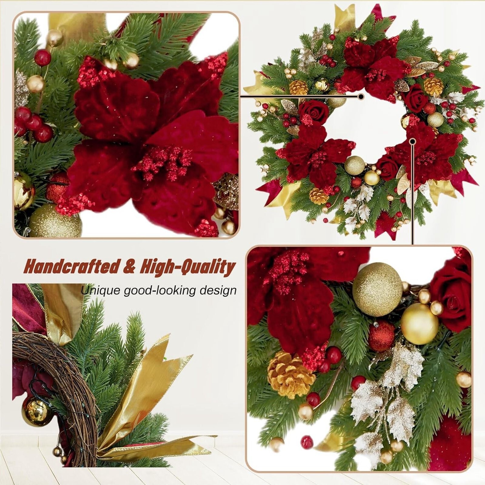 Festive Seasonal Wreath for Front Door or Porch, Rose and Flower, Artificial