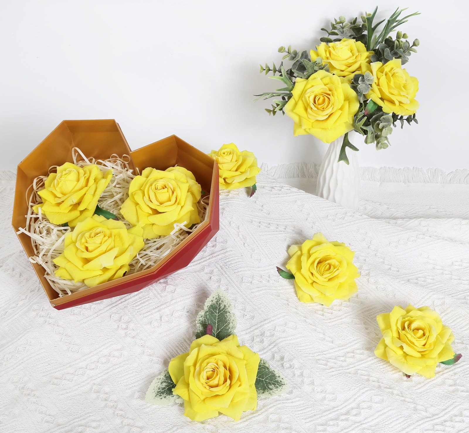 Artificial Flowers – 16pcs Yellow Fake Roses, 4.3″ Velvet Roses for Wedding B…