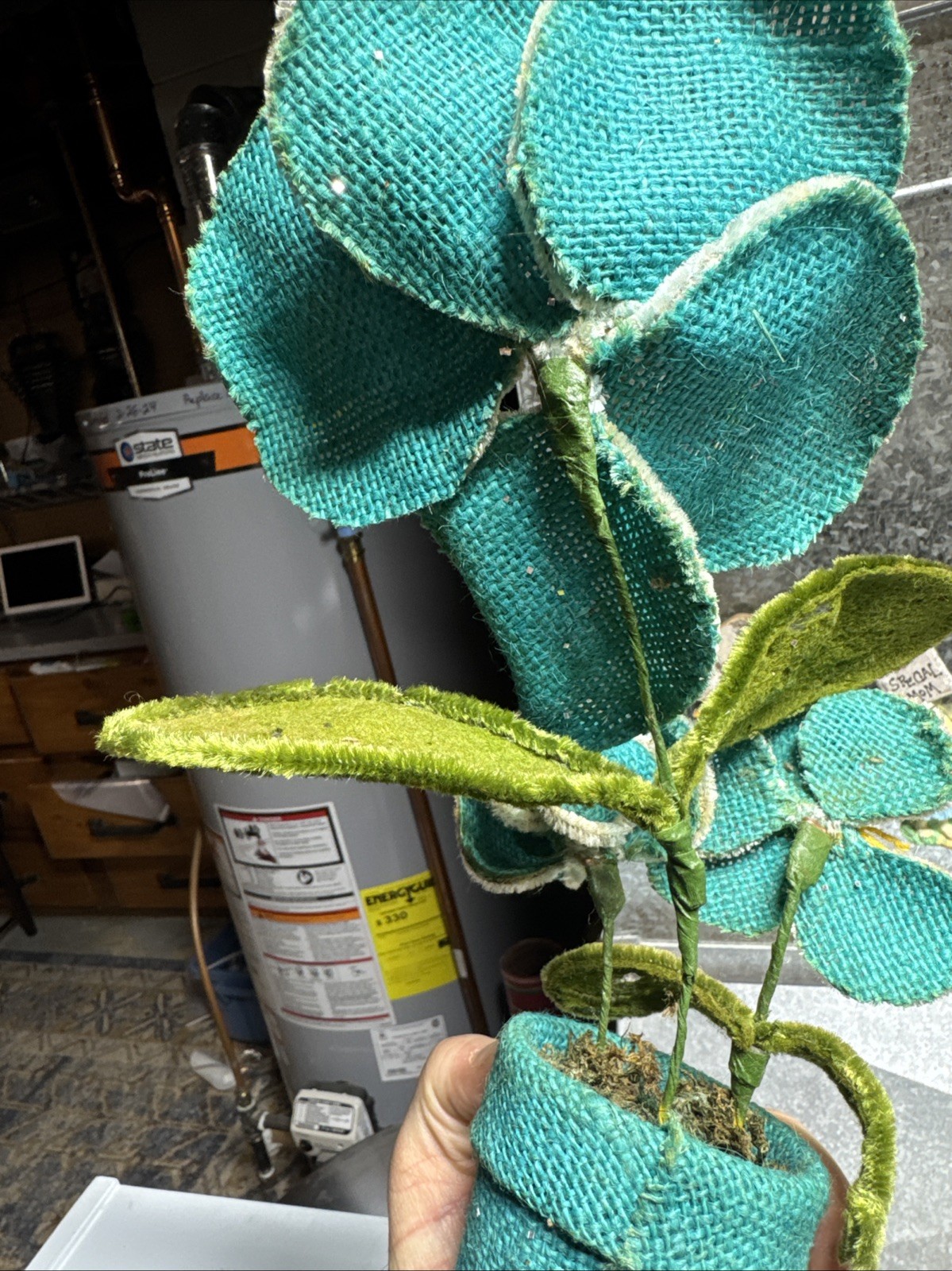 VTG 80s Art Decor Artificial Magnolia Flower W/ Yarn Pot Flex Stem 8” Distressed