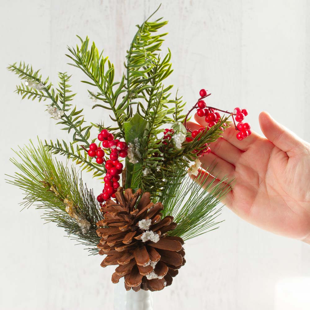 Lot of 2 Artificial Snowy Pine 16″ Spray with Berries and Pinecone