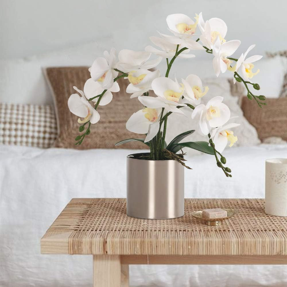 Real Touch White Orchid Arrangement in Silver Vase for Home Decor
