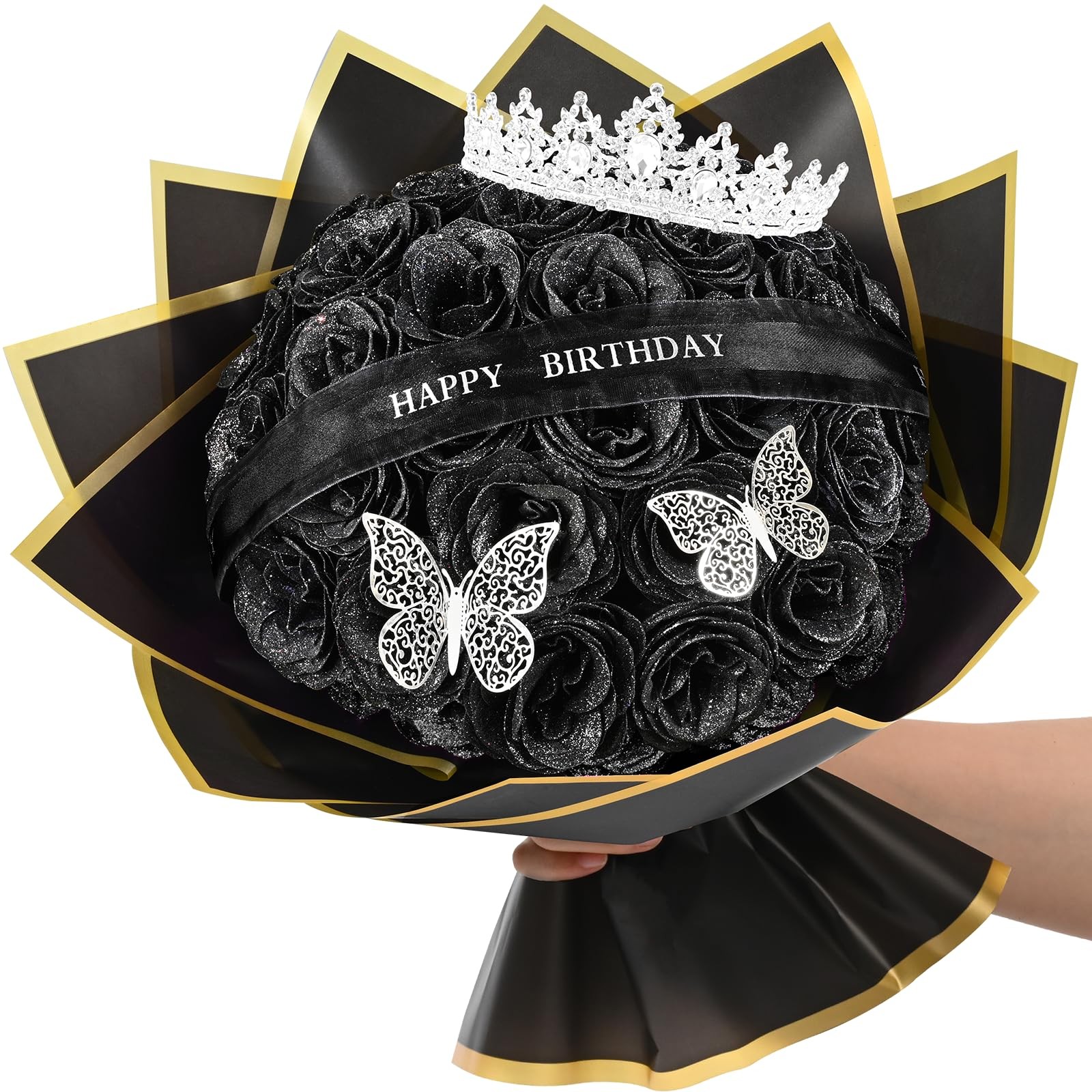 Glitter Roses Bouquet 36 PCS Black Artificial Flowers Birthday Gifts Women Mom