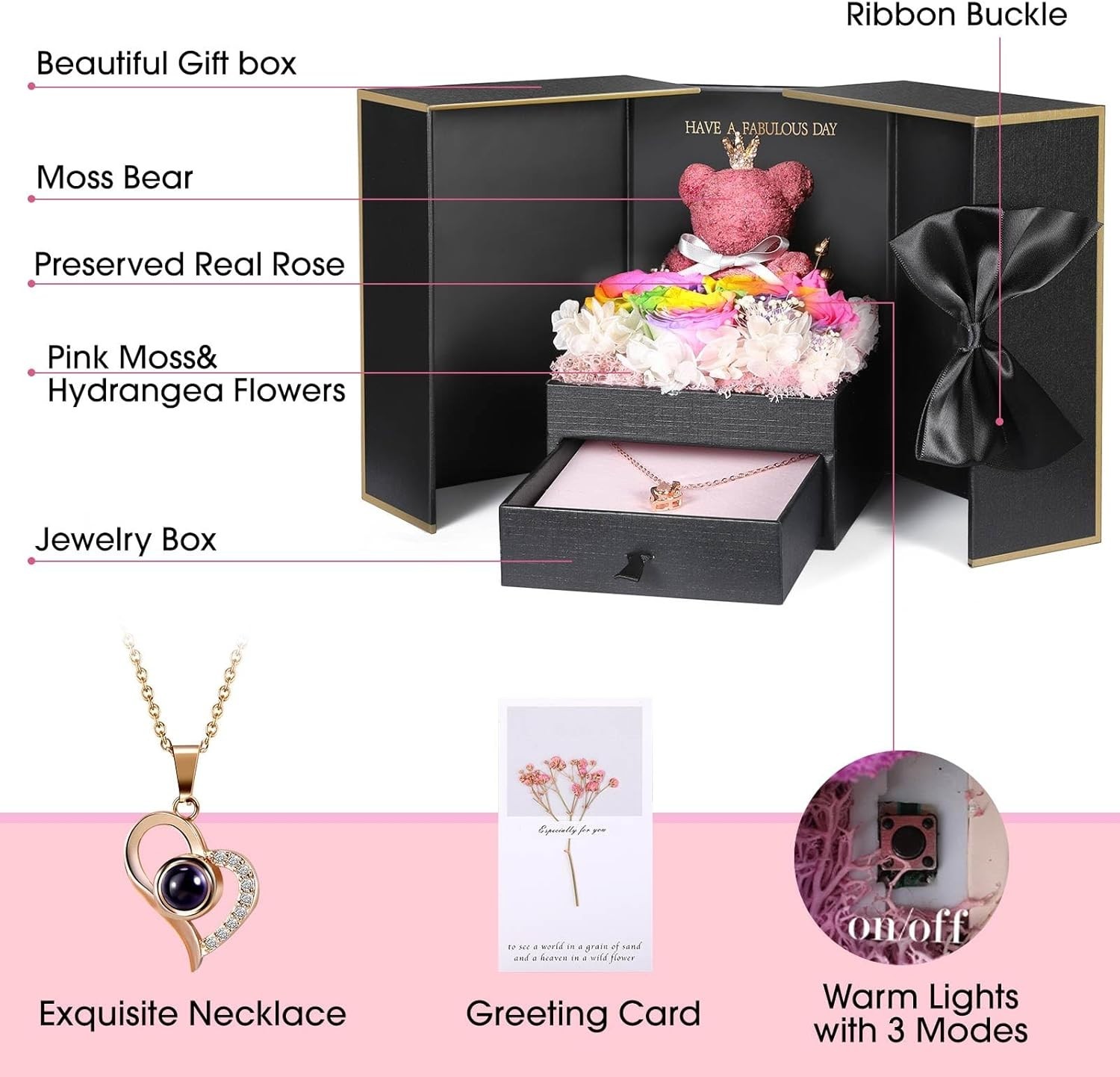 Eternal Rainbow Rose & I Love You Necklace with Moss Bear – Perfect Gift for Her