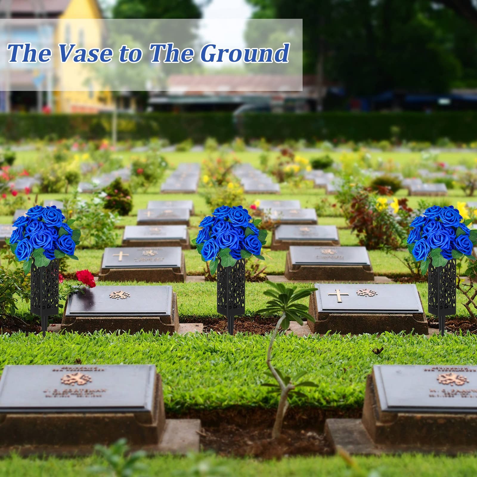 50 Artificial Cemetery Flowers with 2 Cemetery Vase Blue Rose Floral Grave De…
