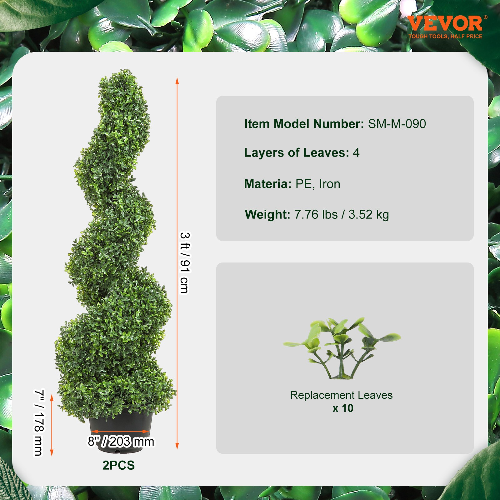 VEVOR 3′ Artificial Boxwood 2 Pack Spiral Topiary Tree UV Home Decor In/Outdoor