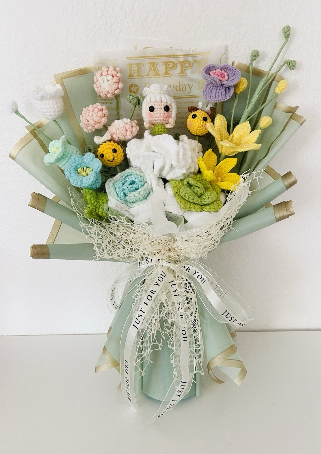 Artificial Crochet Rose Flower Bouquet Arrangement, Birthday, 16×12 Multicolor