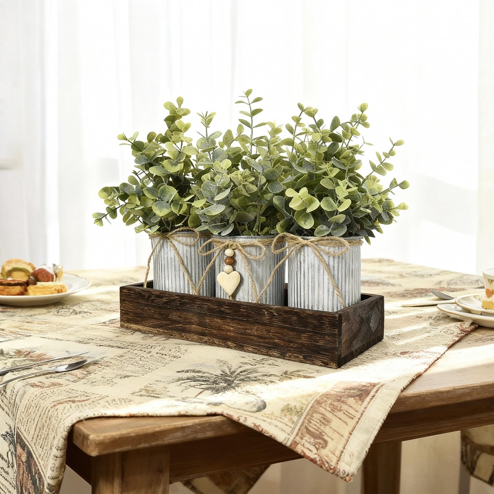 Rustic Farmhouse 3-Piece Artificial Eucalyptus Centerpiece – Wooden Tray with…