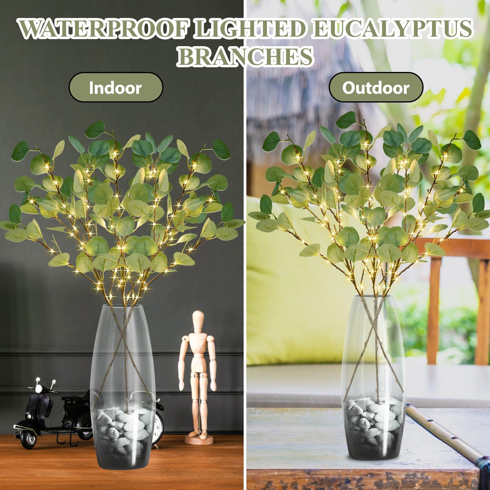 Lighted Artificial Eucalyptus Branches with Timer, Light Up Eucalyptus Branch…