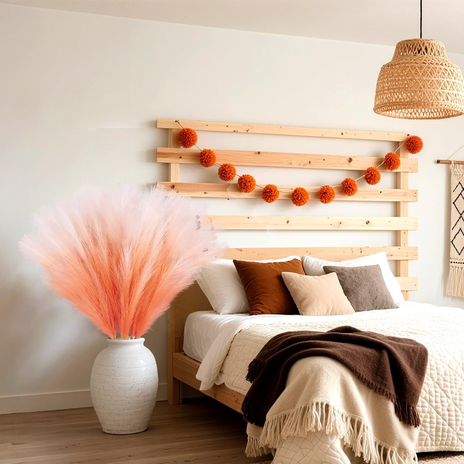 8Pcs Orange Faux Pampas Grass Tall Decor, 35.4” Fluffy Artificial Pompous Gra…