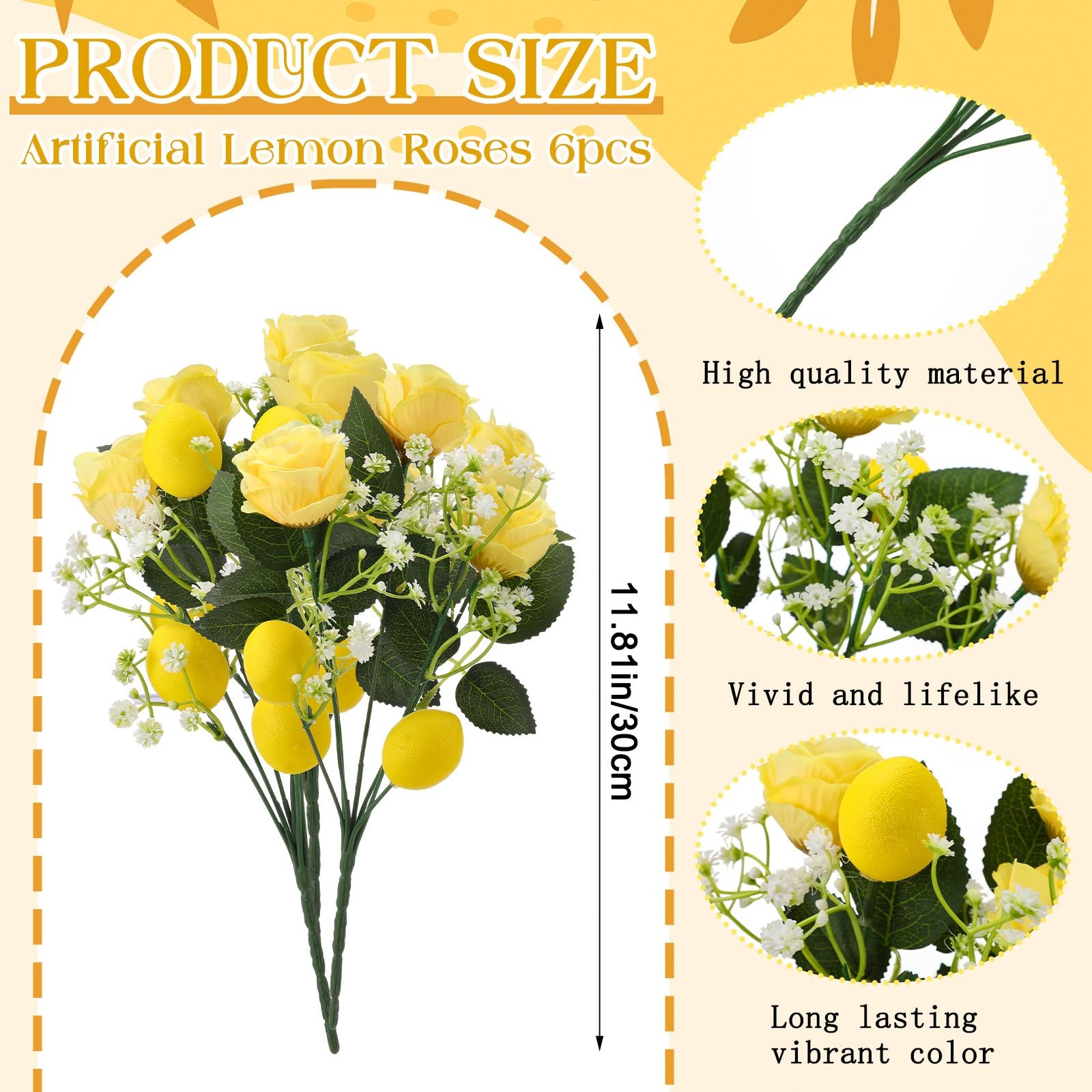 6 Pcs 12” Summer Artificial Lemon Branches Decor Fake Yellow Flower Picks Si…