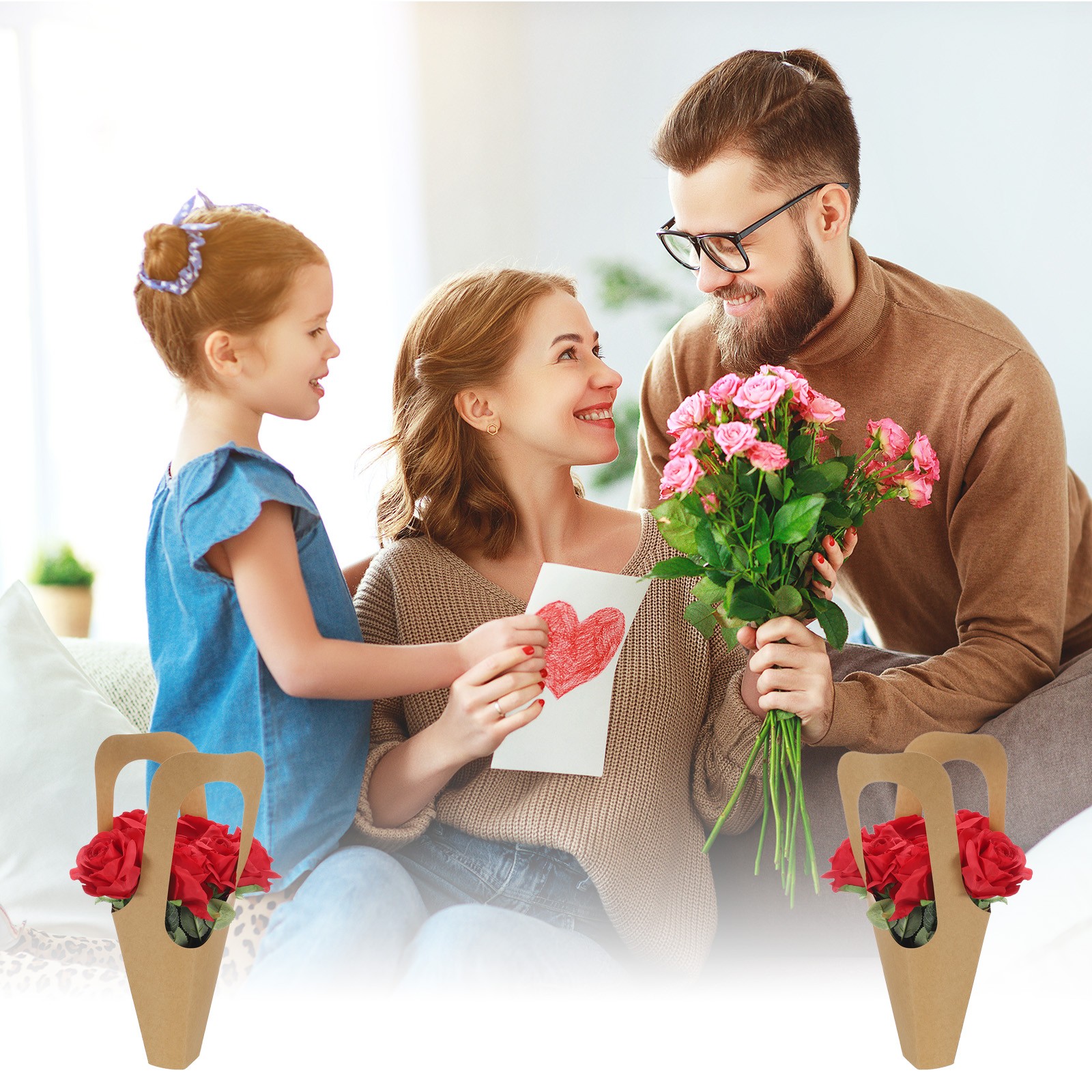 Kraft Paper Flowers Gift Bags, 50 Pack Bouquets Bags with Handle