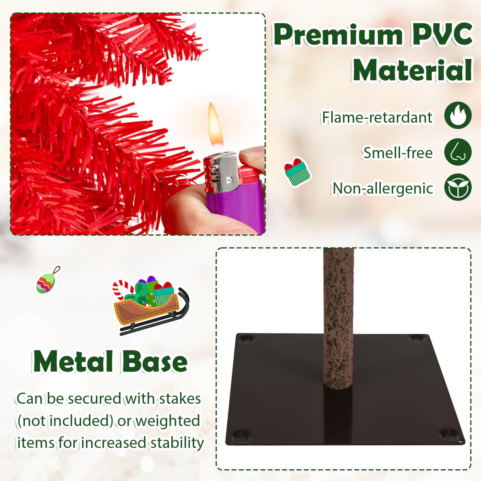 5 FT Artificial Christmas Tree Pre-lit Xmas Trees w/ 301 Red & White Branch Tips
