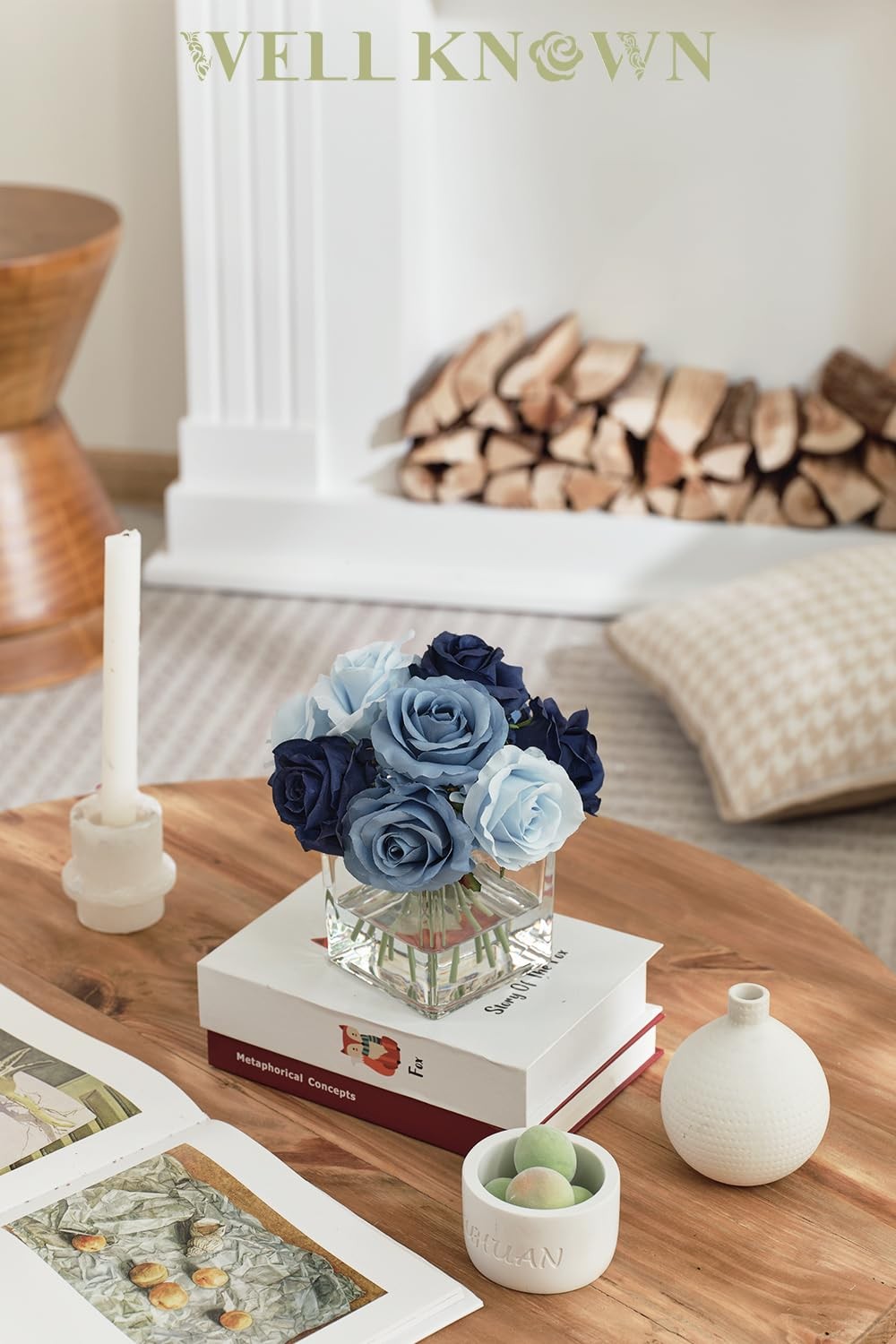Blue Artificial Silk Rose Flowers In Vase Faux Water Table Centerpiece Decor