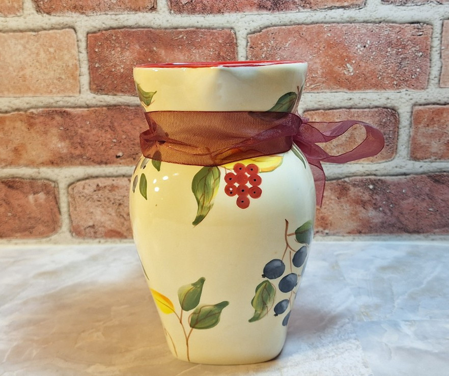 Floral Arrangement Centerpiece with Red Zinnia Faux Flowers in a Grape Vine Vase