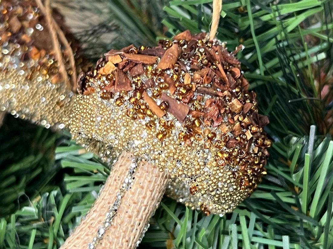 Glitter Mushroom Christmas Ornaments Set of 3 Rustic Woodland Gold Bead Tree Dec