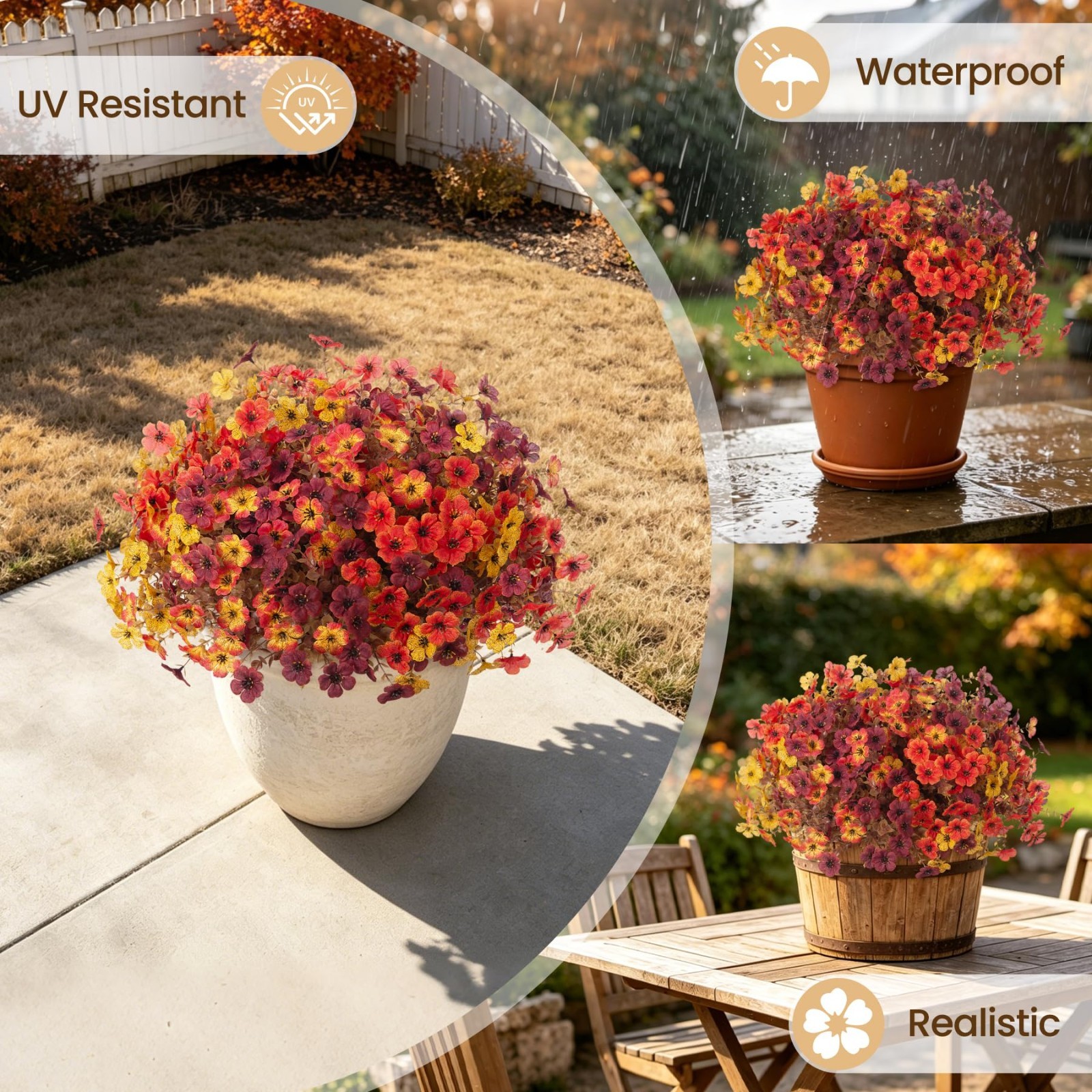 12PCS UV Resistant Fake Fall Mums Flowers – Realistic Faux Silk for Outdoor Deco