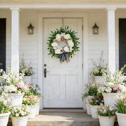 24″ Spring Peony & Eucalyptus Wreath for Front Door – Artificial Flowers White