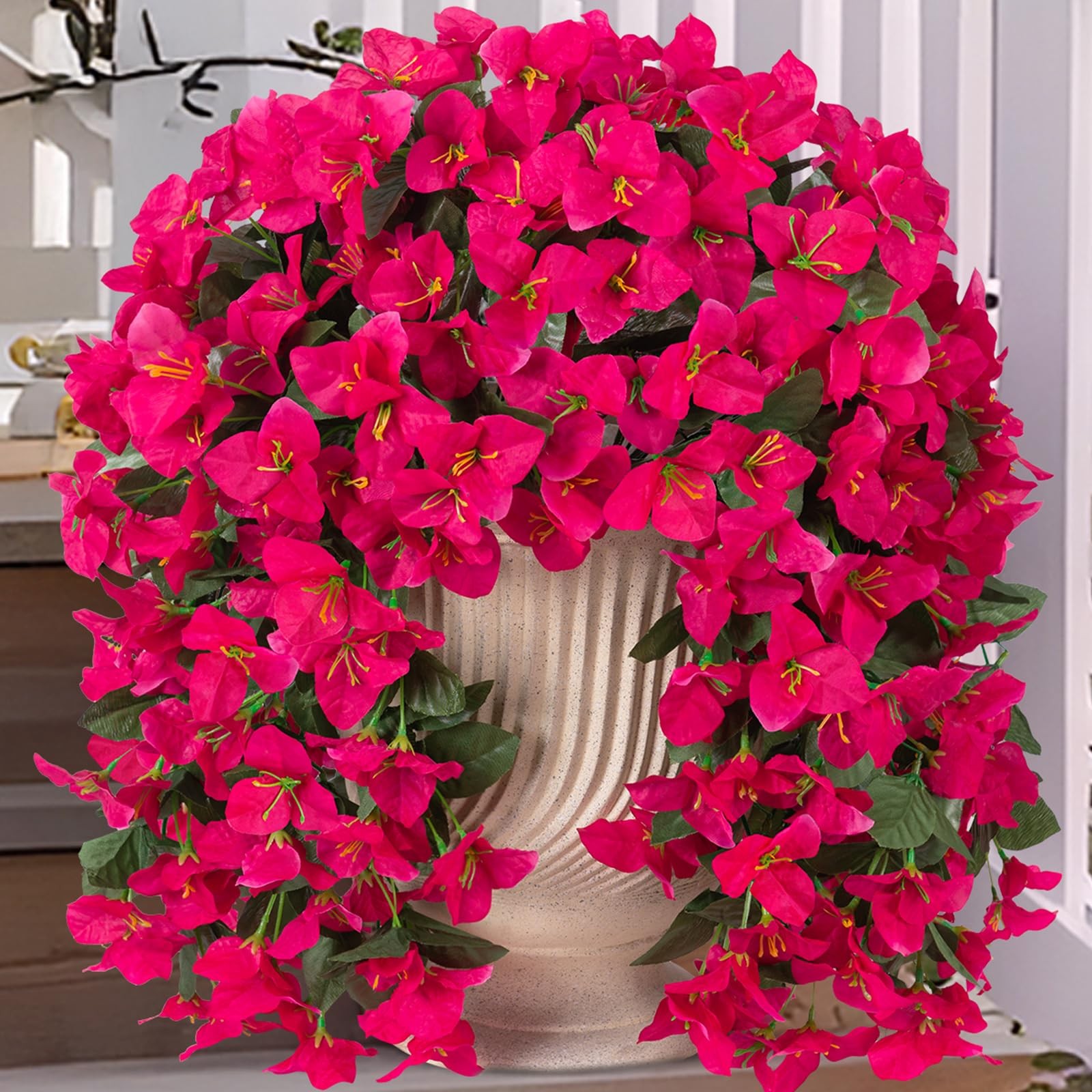 INXUGAO 2 pcs Artificial Faux Bougainvillea Flowers Plants for Outdoor Outsid…