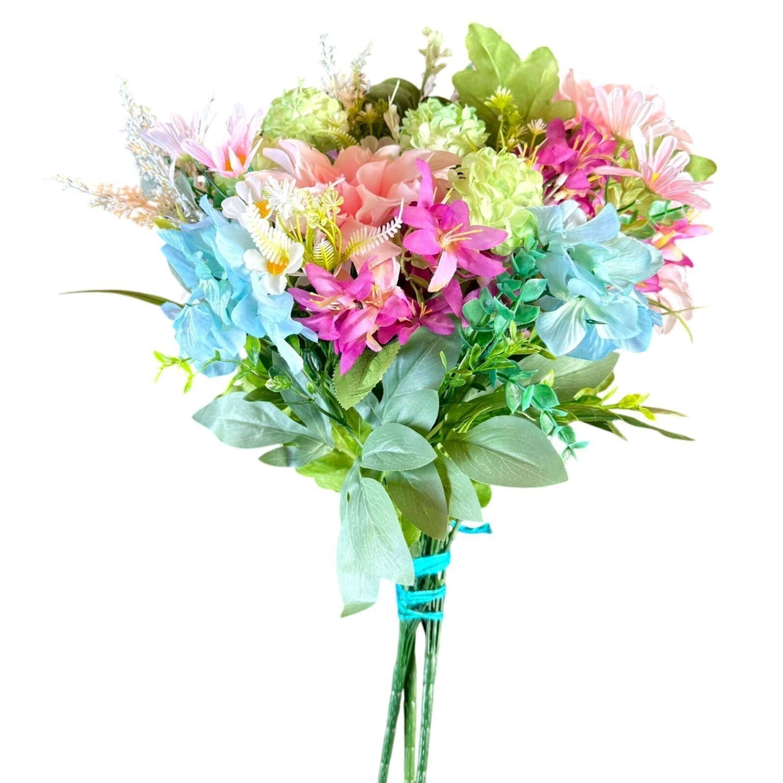 Upcycled Handcrafted Artificial Floral Arrangement Blue Green Pink Flowers OOAK