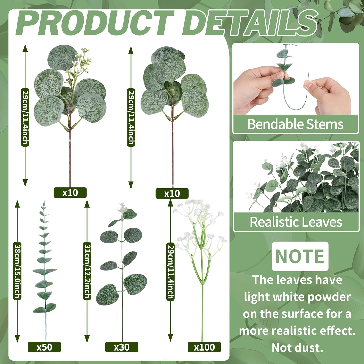 200 Pcs 5 Kinds Mixed Artificial Eucalyptus Leaves Stems Bulk Babys Breath Eucal