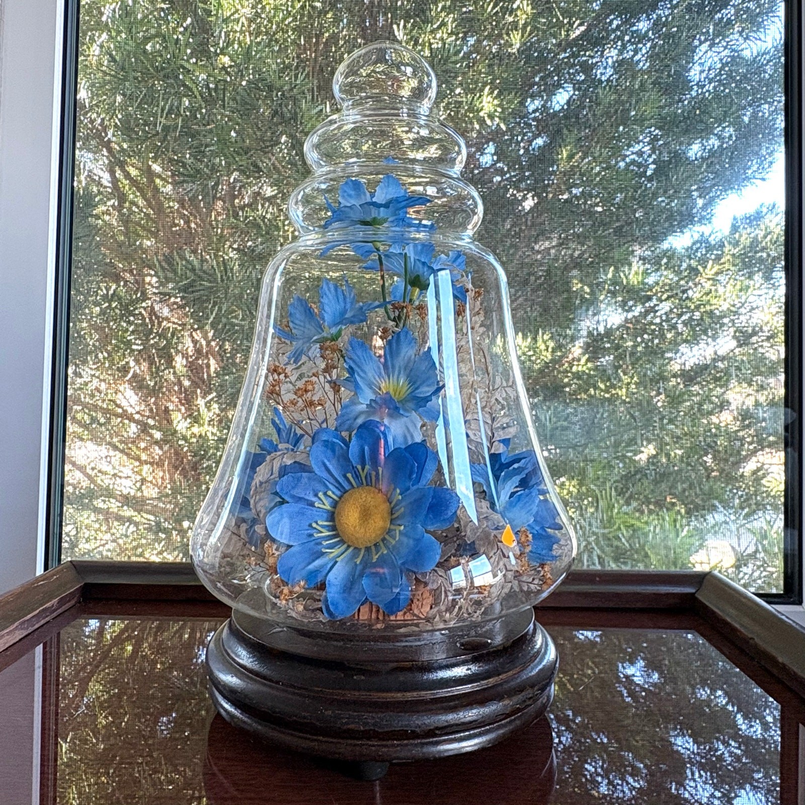 Vintage Glass Bell Jar Dome with Blue Floral Arrangement on Wood Base