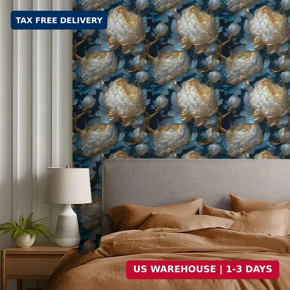 REDAMANCY Vintage Dark Navy Blue Gold White Peony Large Floral Peel and Stick Wa