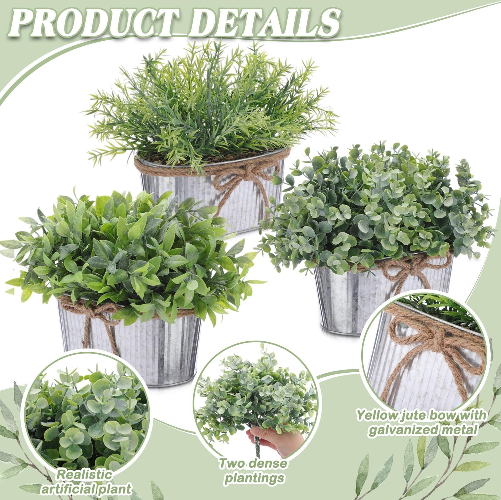 3 Pack Spring Mini Potted Artificial Eucalyptus Fake Plants Farmhouse Galvani…