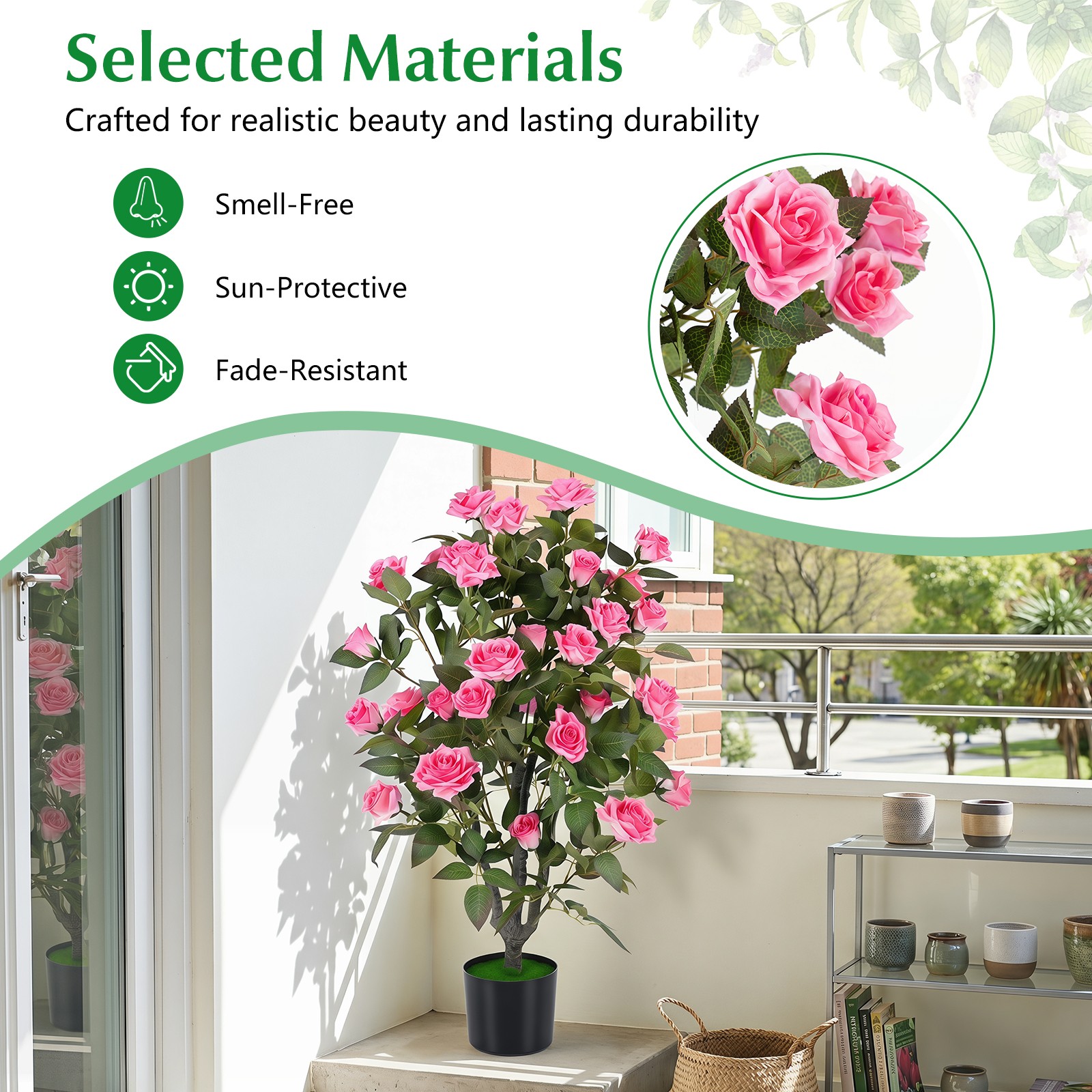 2PCS Artificial Rose Tree w/Blooming Flowers & Green Leaves Free Maintenance