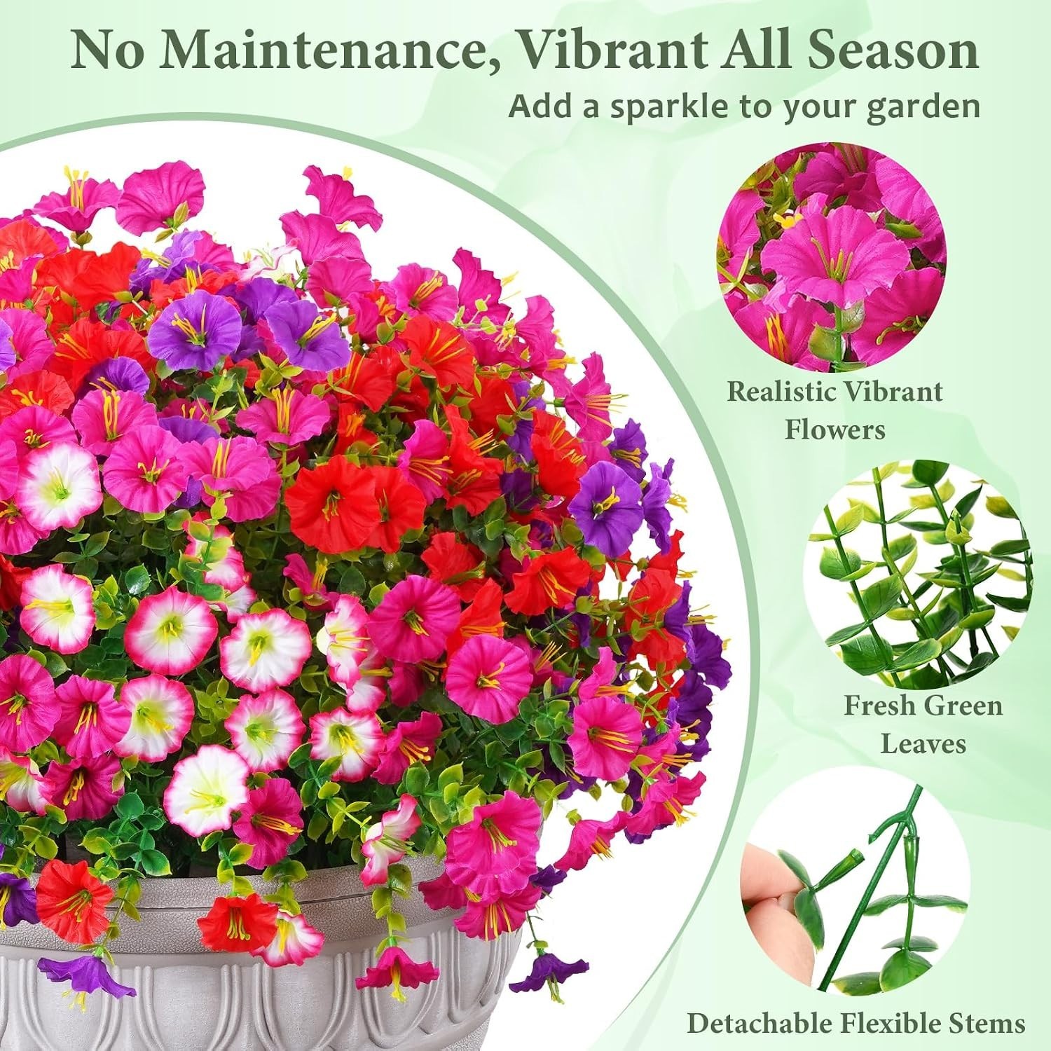 12 Bundles UV Resistant Realistic Silk Petunia Flowers for Outdoor Elegance