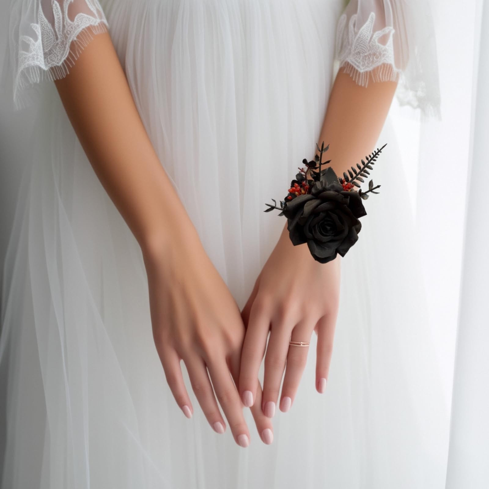 1 Set Black Corsage Wristlet Boutonniere Rose Prom Flower Wedding Party Decor