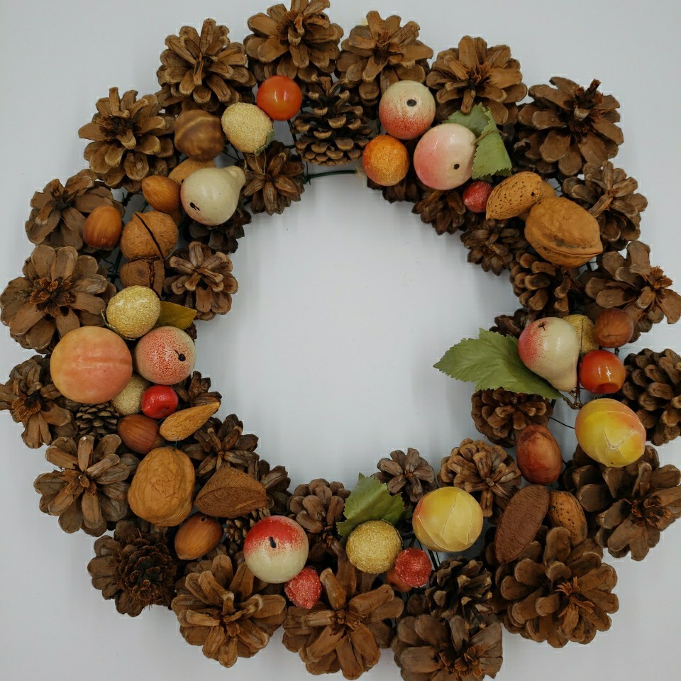 Vintage Fall Door Wreath Autumn 14″ Natural Nuts Fruit Berries Pears Pinecones