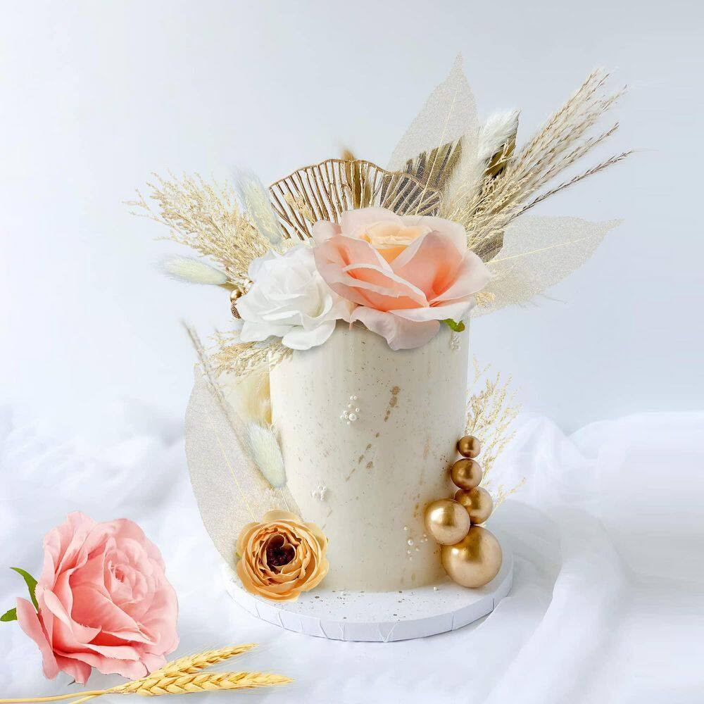 1 In. 22-Pieces Artificial Plant White Boho Cake Topper Dried Pampas Grass Rose