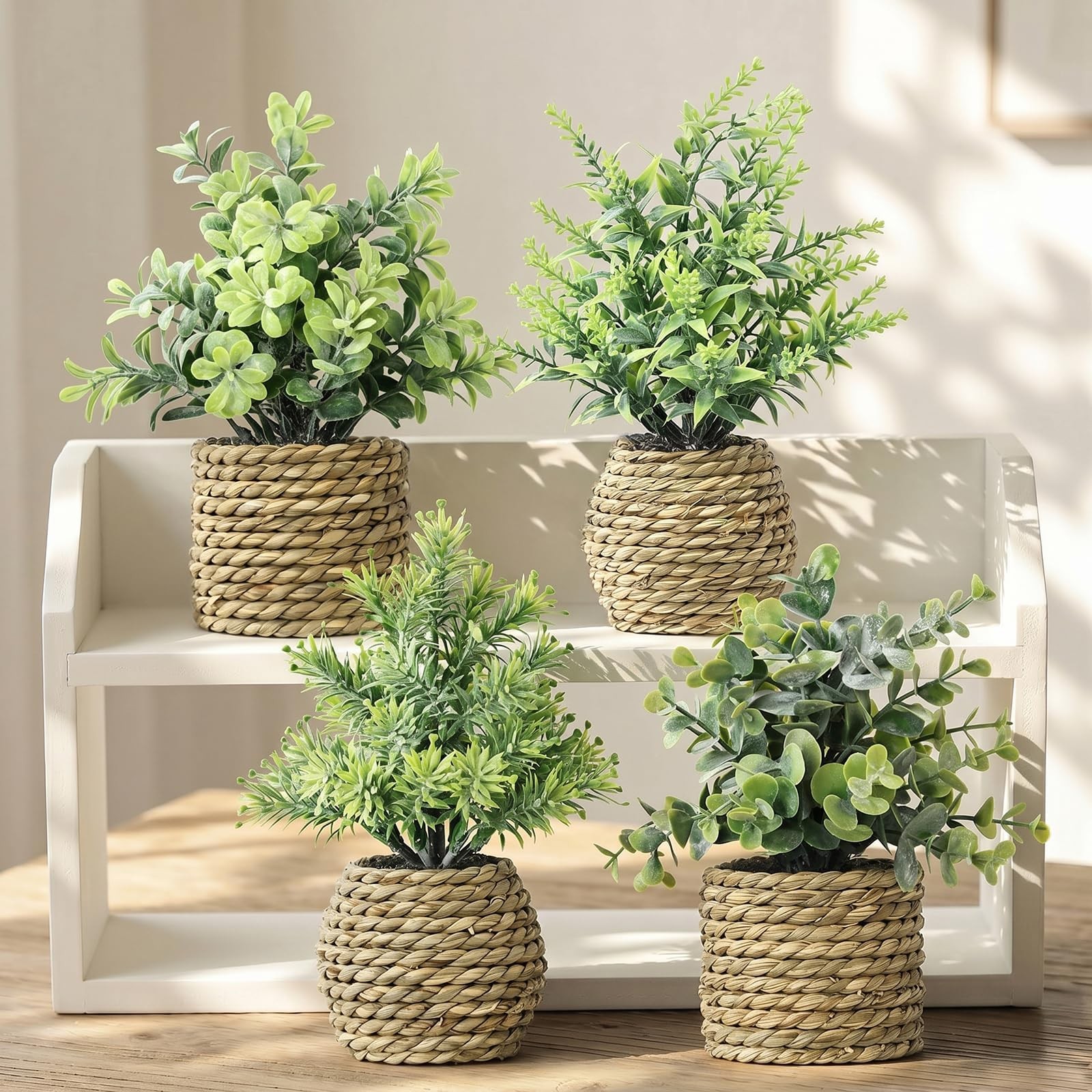 Small Fake Plants, 4 Pack Artificial Plants in Handwoven Seagrass Baskets