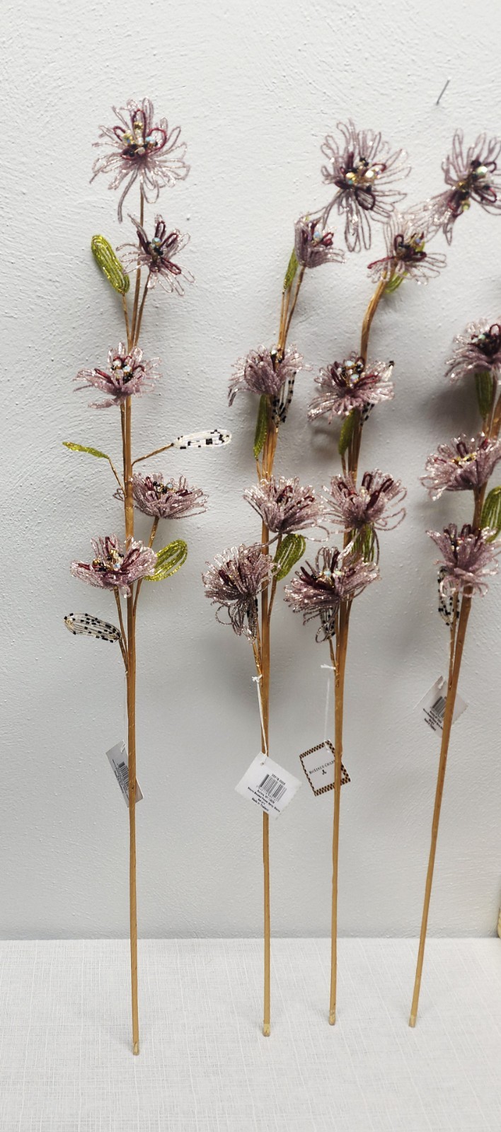 Mackenzie Child 4 Glass Beaded Mauve Flower Stems NWT (1 STEM FLAW – SEE PIC)