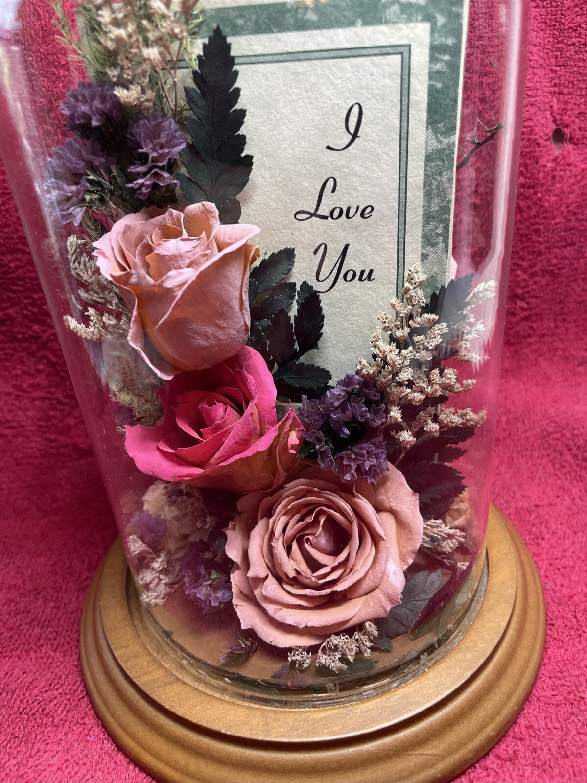Vintage Dried Red Roses Flower Arrangement Preserved in 7.5” Glass Dome