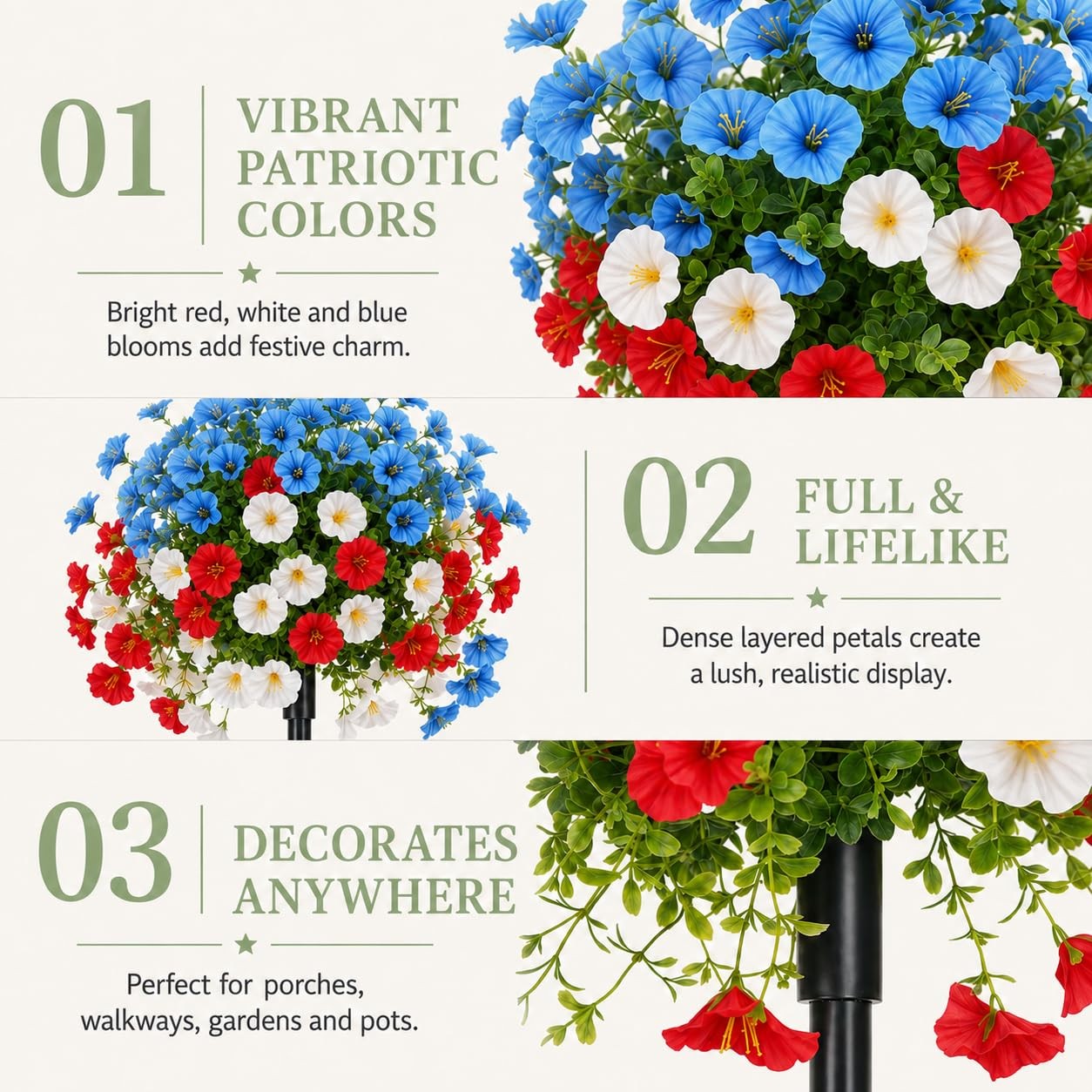 22″ Red White Blue Artificial Flowers with Ground Stakes, 4th of July Decor U…