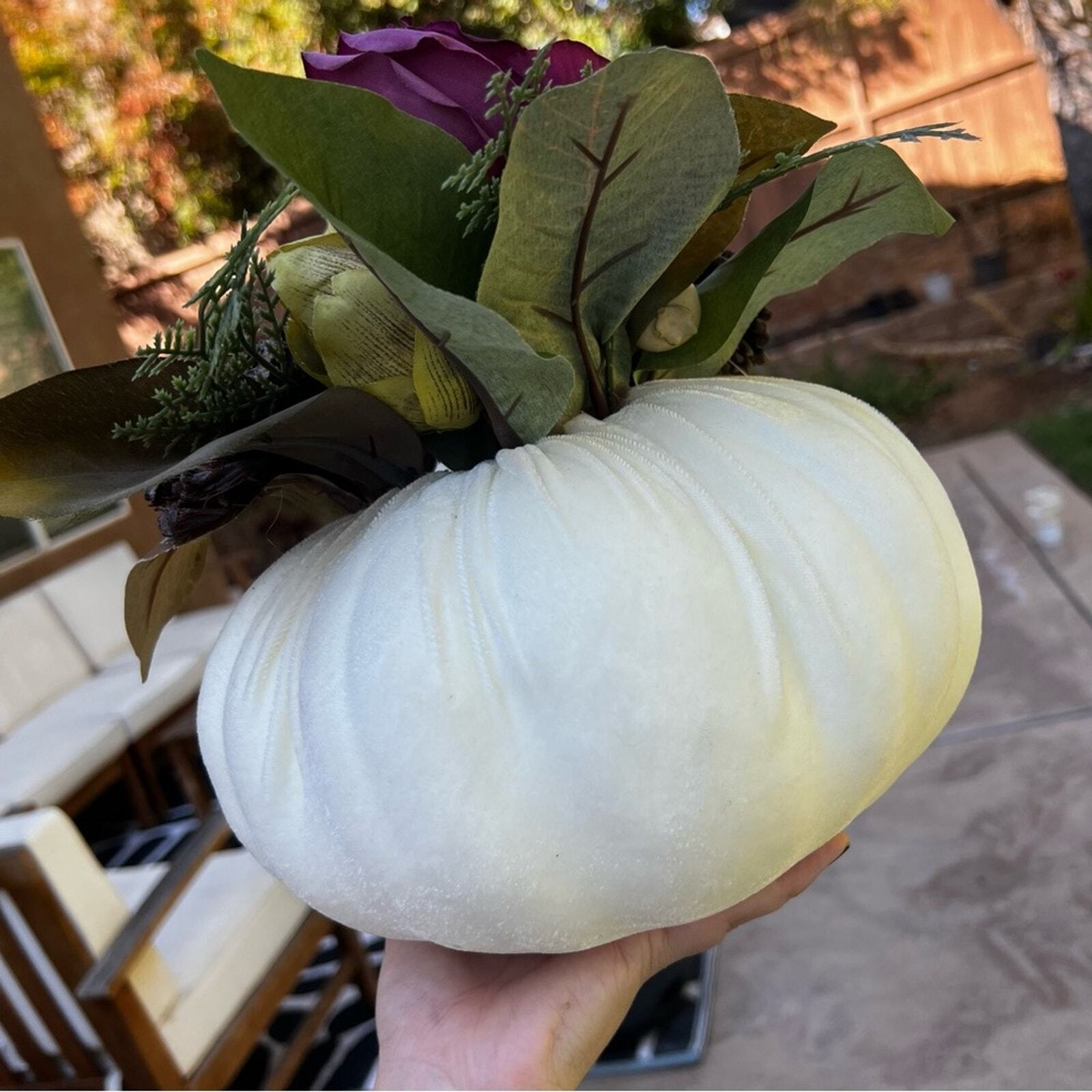 White Velvet Fabric Pumpkin With Faux Floral Arrangement Table Decor Handmade