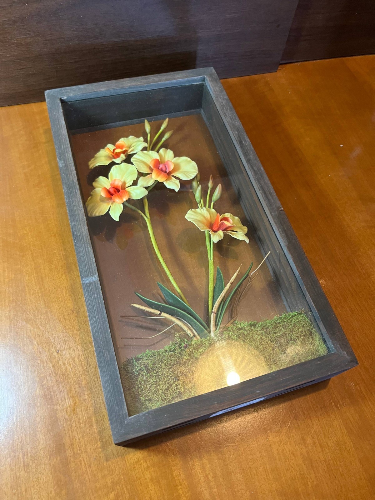 Vintage 3D Orchid Shadow Box Floral Wall/Table Decor 1980s Retro Frame