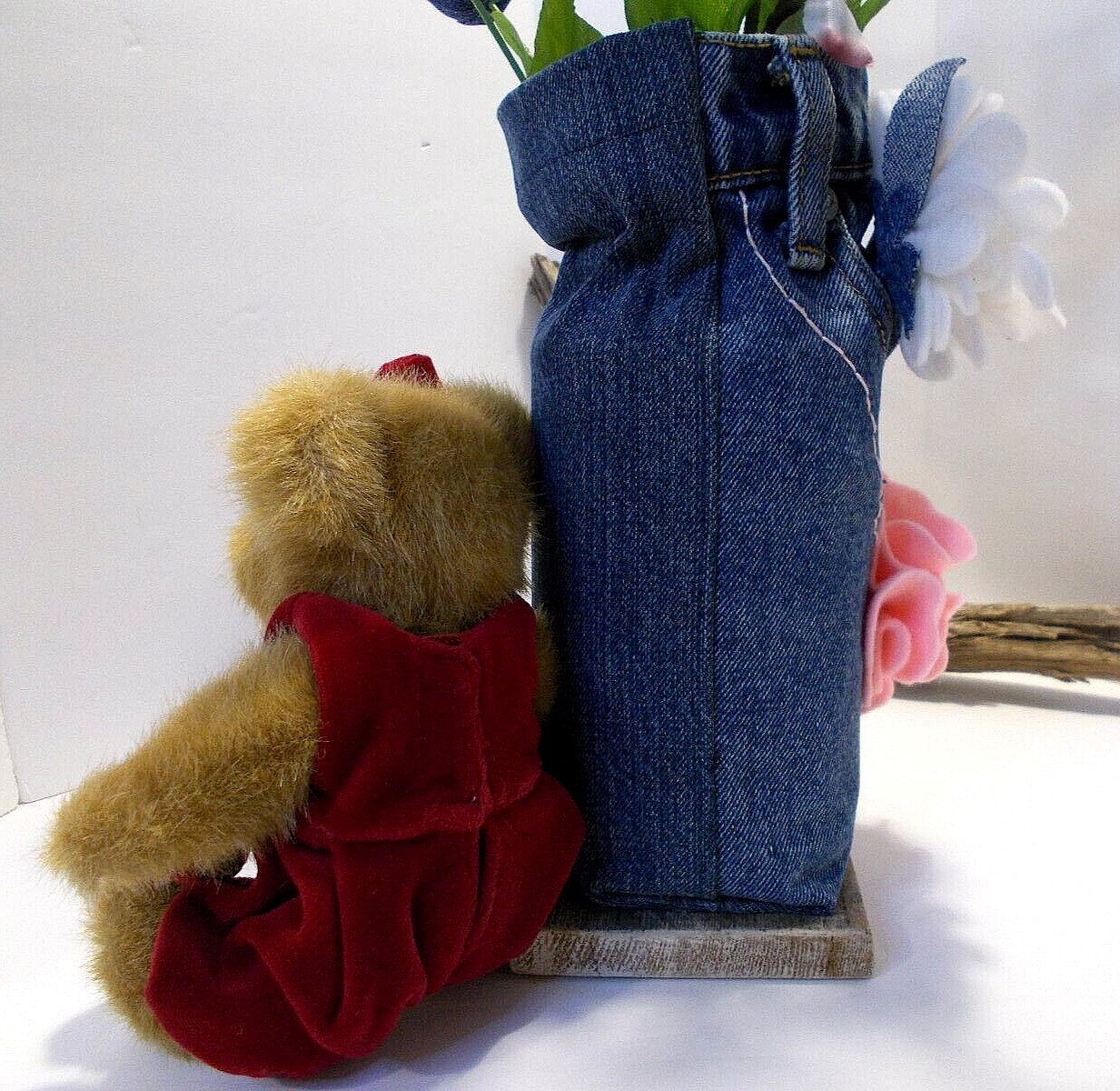 Denim Roses & Flowers in Recycled Denim Jeans Vase and Sm Valentines Hugs Bear